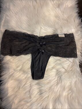 Cacique Black Lace Wide-Band Thong with Bow Details